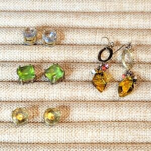 4 Pairs Rhinestone Earrings Lot Green, Yellow, Amber Crystal Pierced Earrings